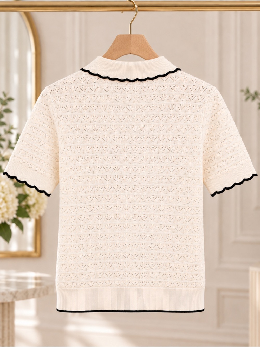 Adrianna Papell Cream Short-Sleeve Knit Polo with Black Trim - Picture 6 of 7